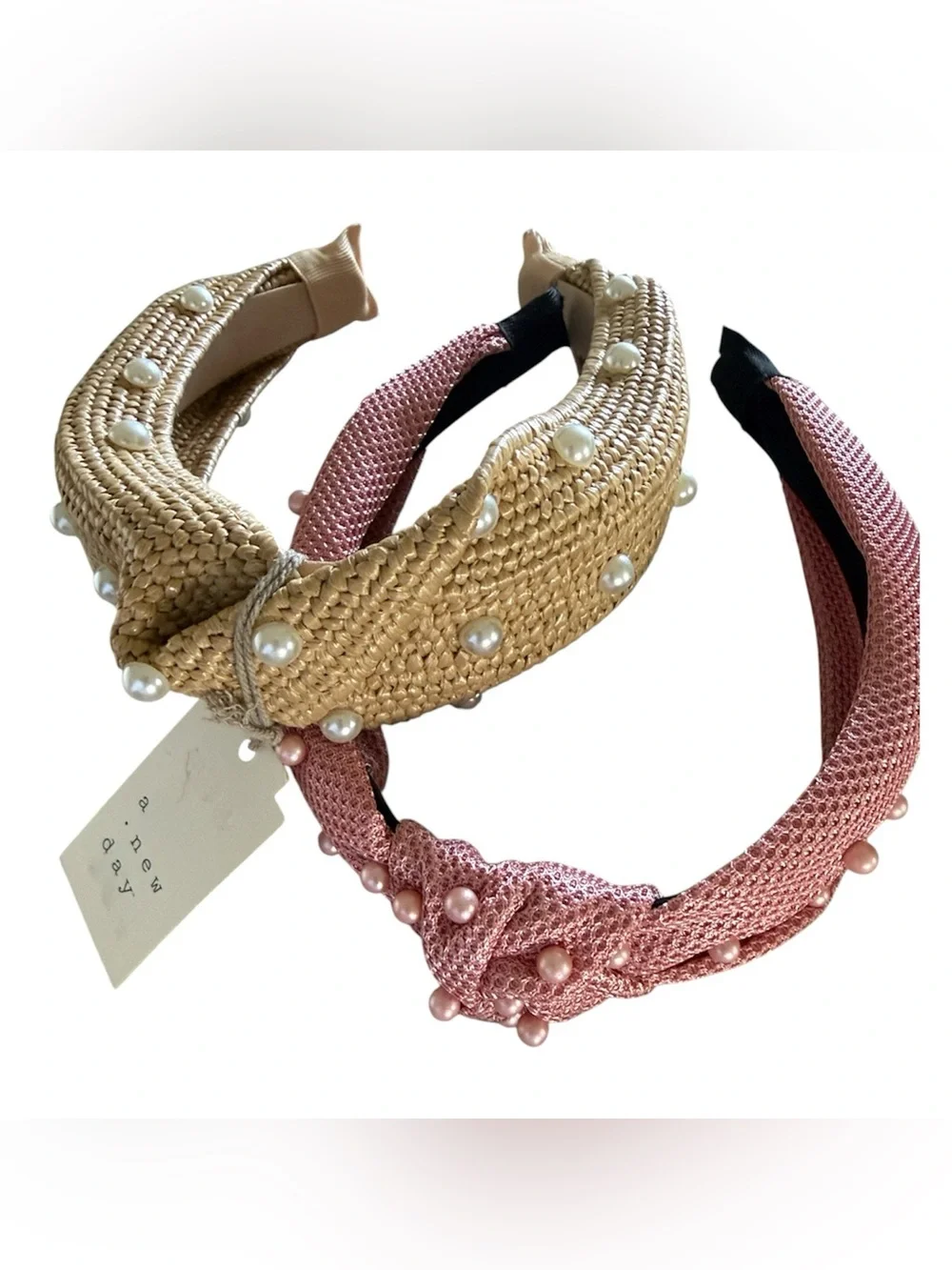 a new day Pearl-Embellished Straw and Pink Knitted Headbands